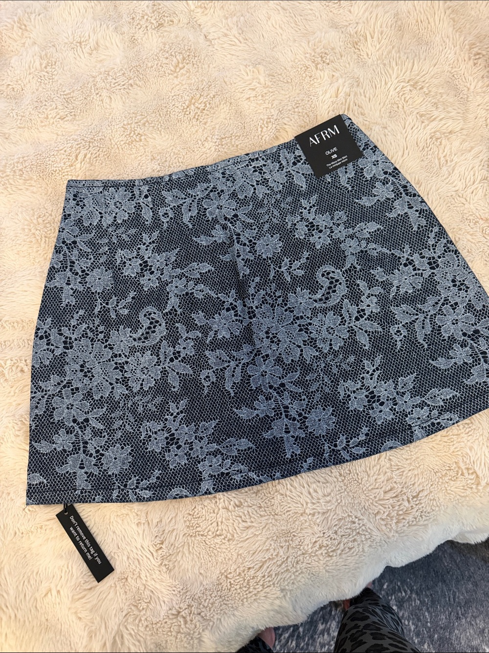 AFRM Navy Lace Floral-Overlay Mini Skirt
